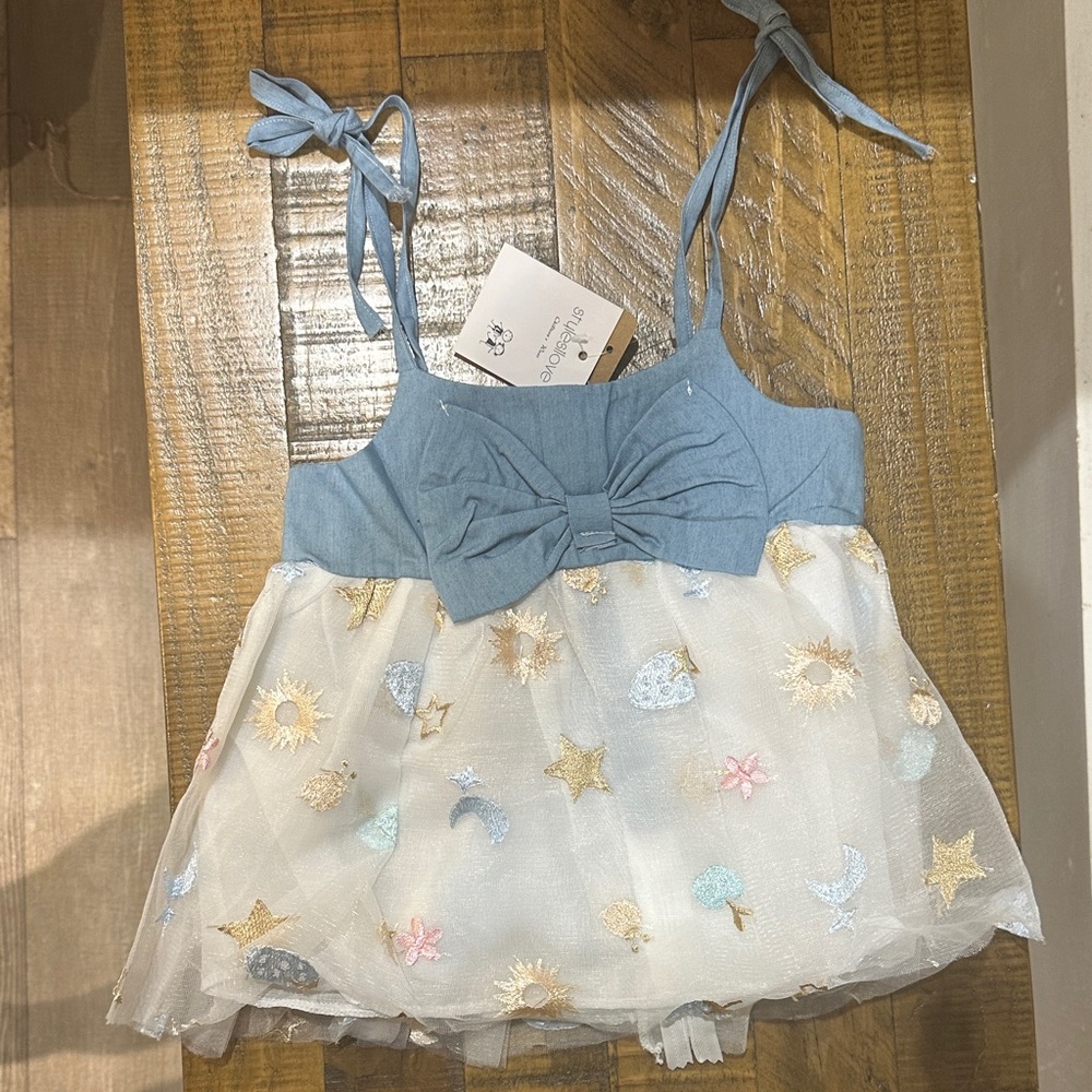 Blue and White Kids Dress with Bow